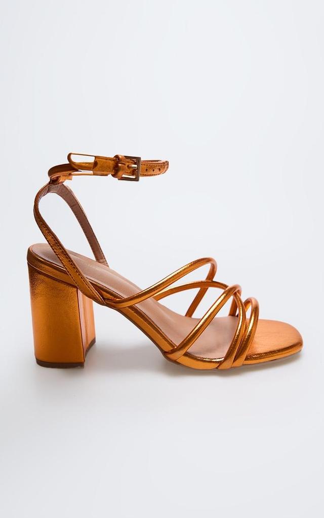 Orange Metallic Pu Round Toe Multi Strap Block Heeled Sandals Product Image