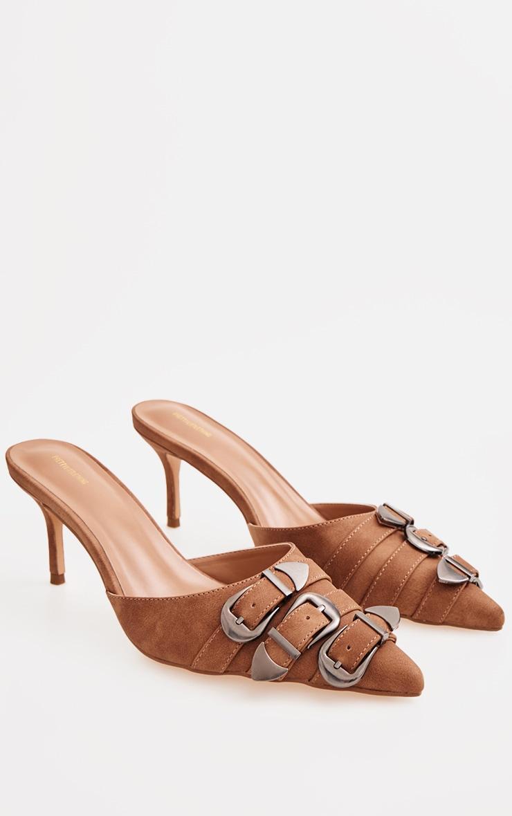 Camel Faux Suede Point Toe Western Buckle Heeled Courts Product Image