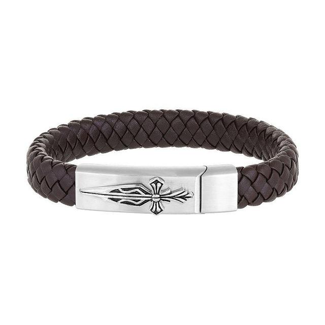 Mens LYNX Stainless Steel Sword Clasp Braided Brown Leather Bracelet Product Image