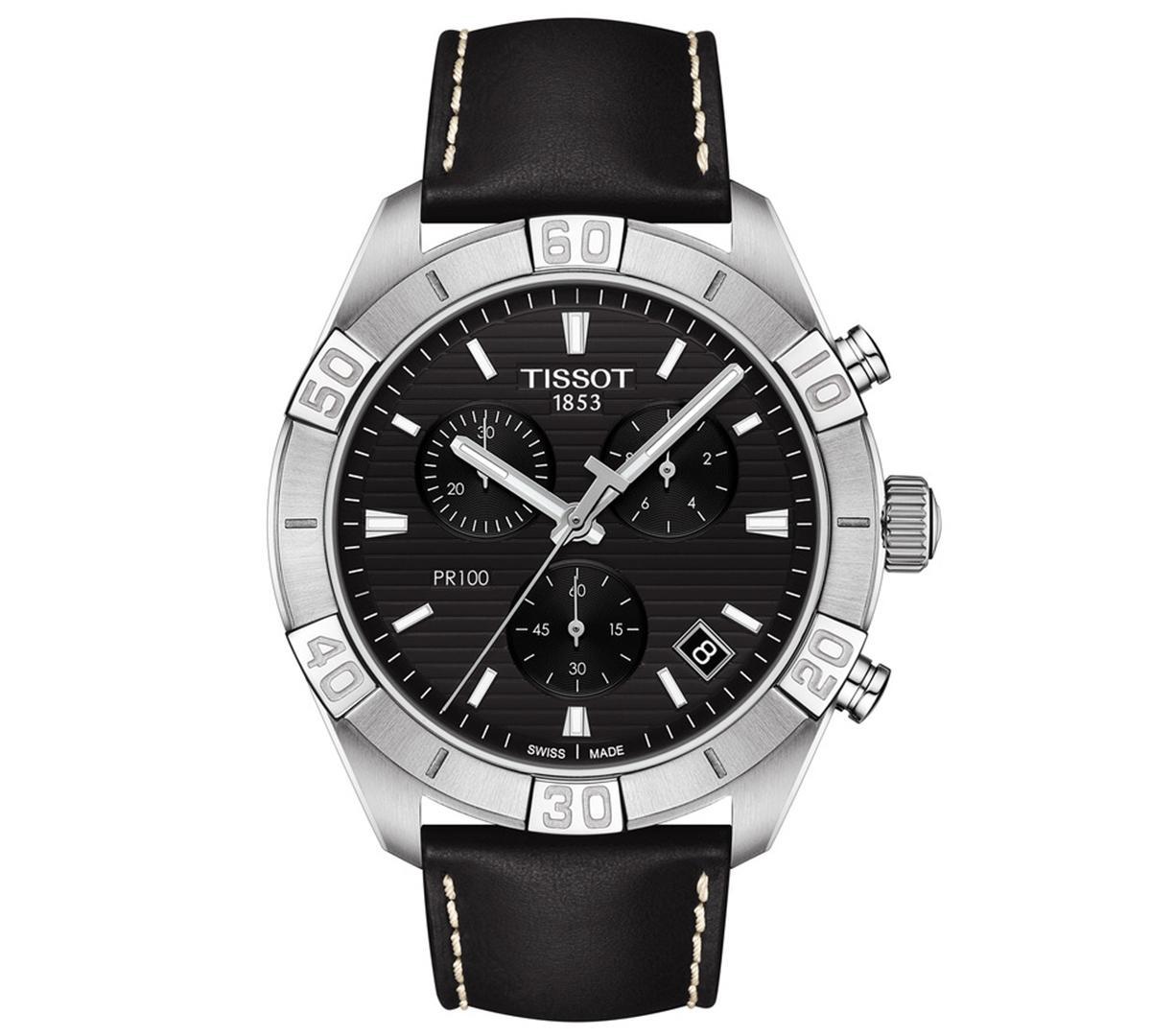 Tissot Mens Swiss Chronograph Pr 100 Sport Black Leather Strap Watch 44mm - Black Product Image