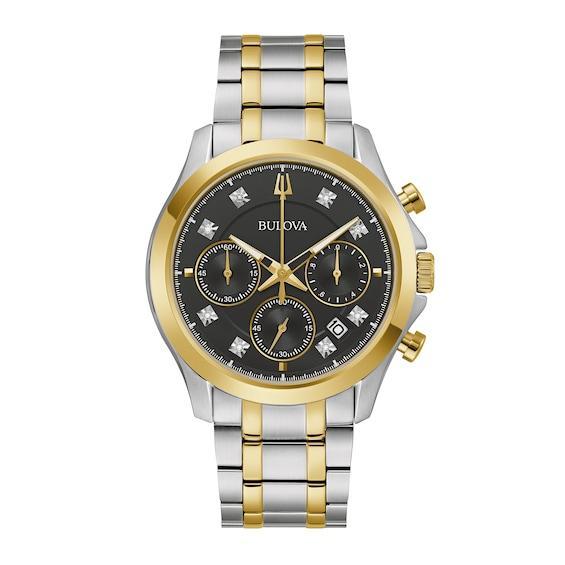 Men's Bulova Classic Diamond Accent Two-Tone IP Chronograph Watch with Black Dial (Model: 98D178) Product Image