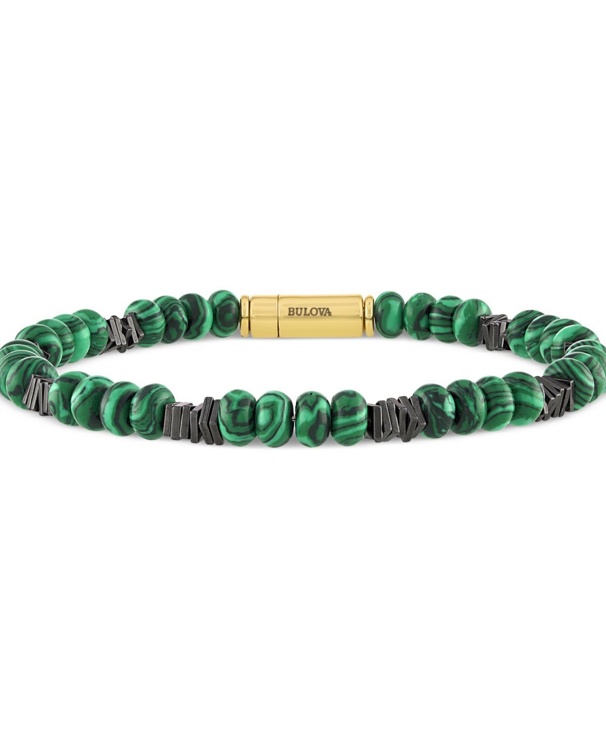 Bulova Mens Marine Star Malachite Beaded Bracelet in 14k Gold-Plated Sterling Silver Product Image