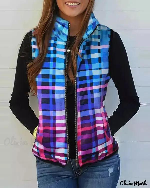 Olivia Mark – Checked Zipped Sleeveless Quilted Jacket Product Image