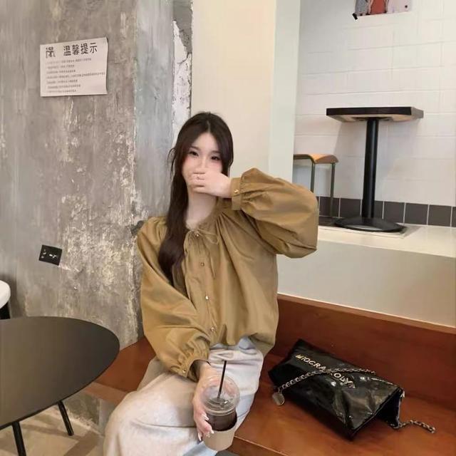 Puff Sleeve Drawstring Plain Loose-Fit Blouse Product Image