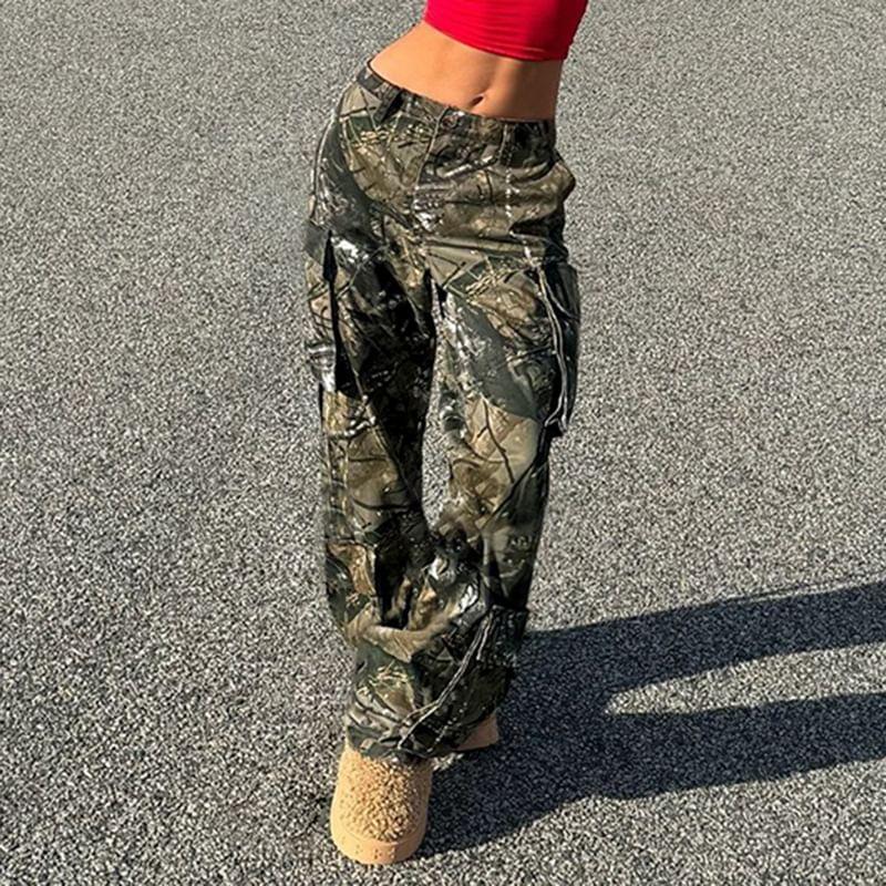 Mid Rise Camouflage Wide Leg Cargo Pants Product Image