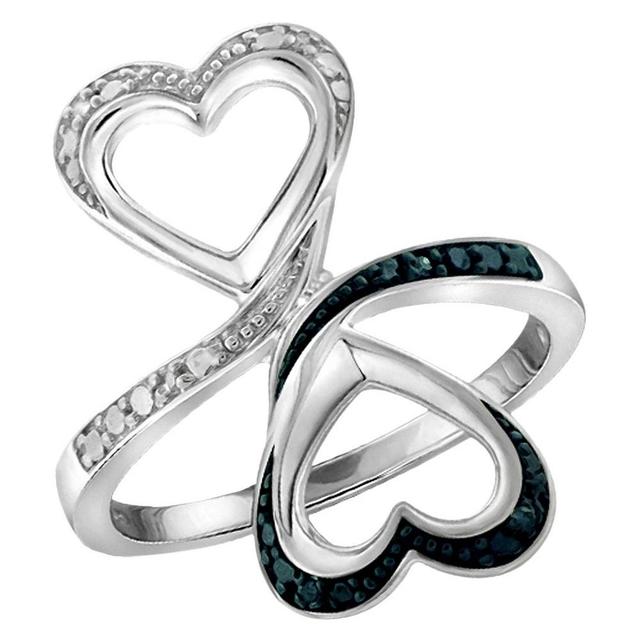 Womens Sterling Silver Round-Cut Blue and White Diamond Prong Set Double Heart Ring - White (7) Product Image