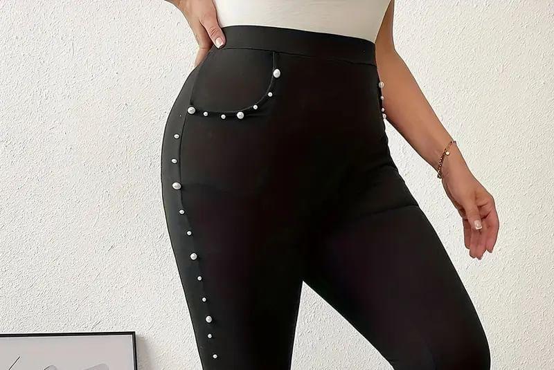 Plus Size High Waist Plain Faux Pearl Leggings Product Image