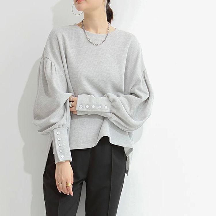 Drop Shoulder Balloon Sleeve Plain Pullover Product Image