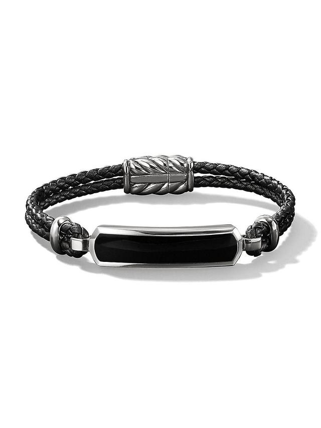 Mens Exotic Stone Bar Station Black Leather Bracelet Product Image