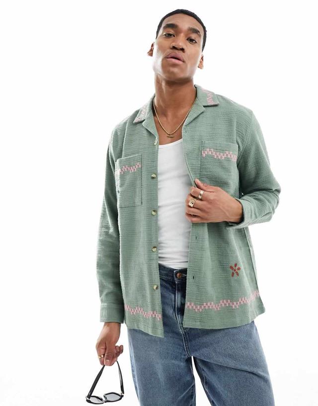 ASOS DESIGN relaxed revere textured shirt with floral embroidery print-Green Product Image