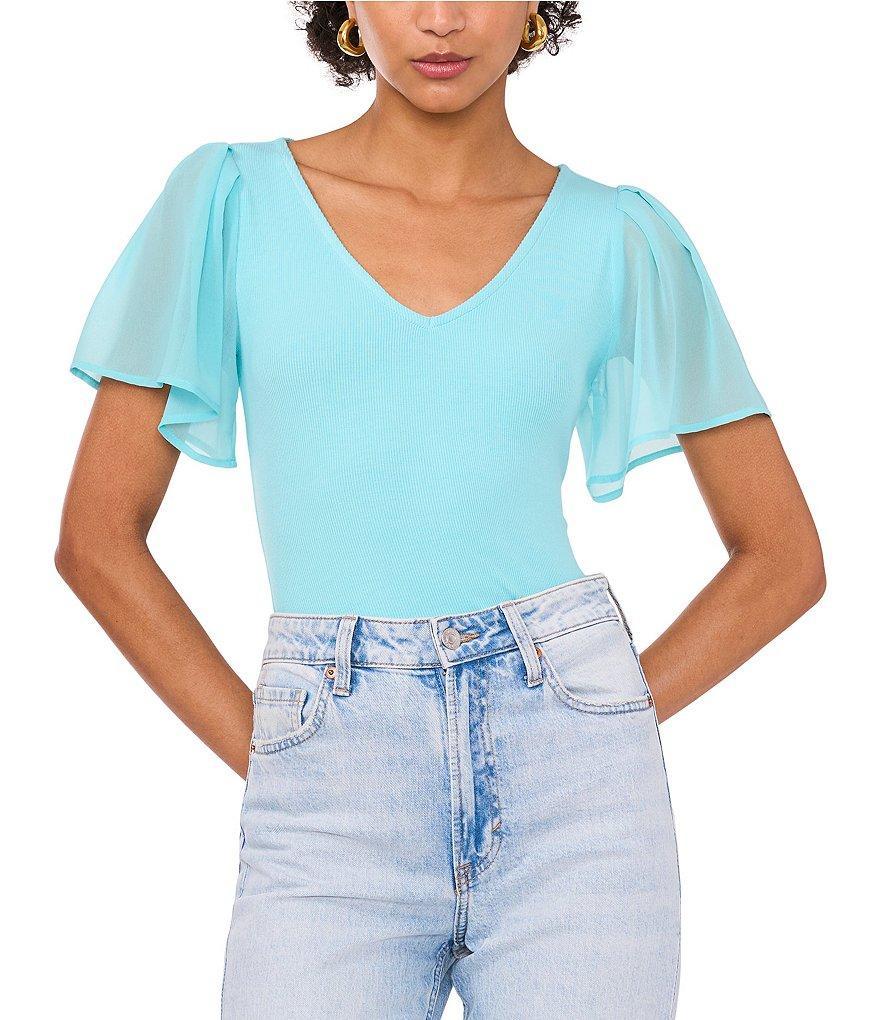 1. STATE V-Neck Chiffon Short Flutter Sleeve Ribbed Knit Top Product Image