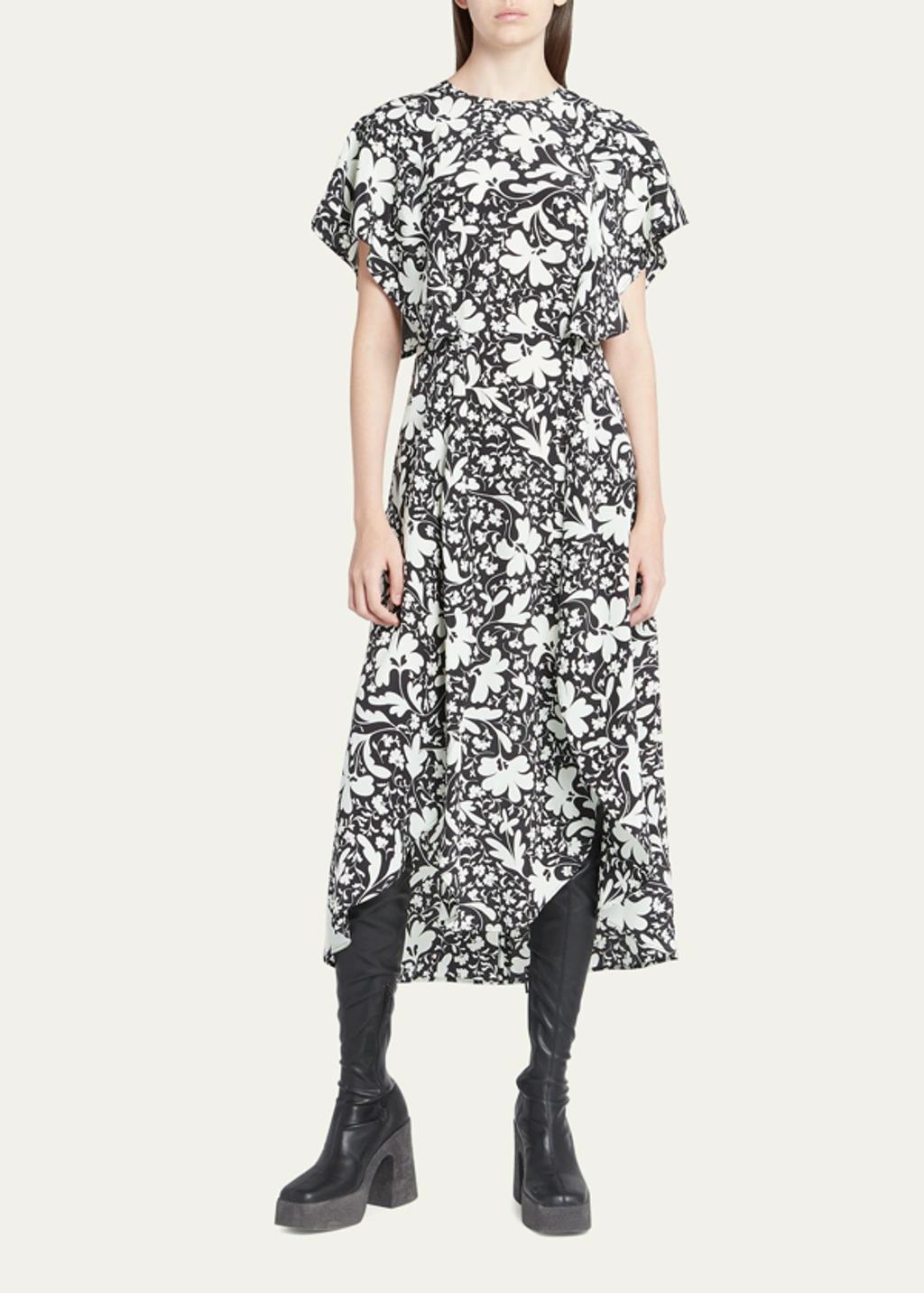 Floral-print Silk Midi Dress In Black Product Image