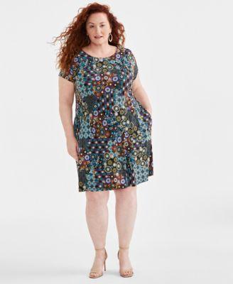 Plus Size Printed Fit & Flare Dress Product Image