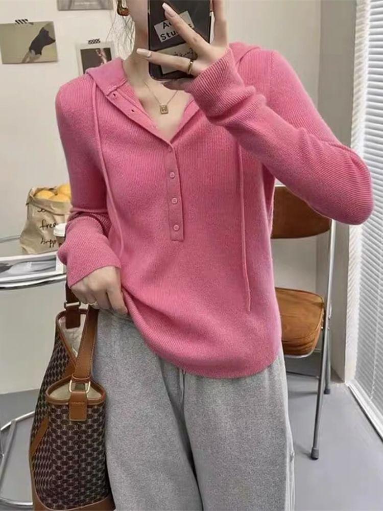 Long-Sleeve Henley Drawstring Hooded Knit Top Product Image