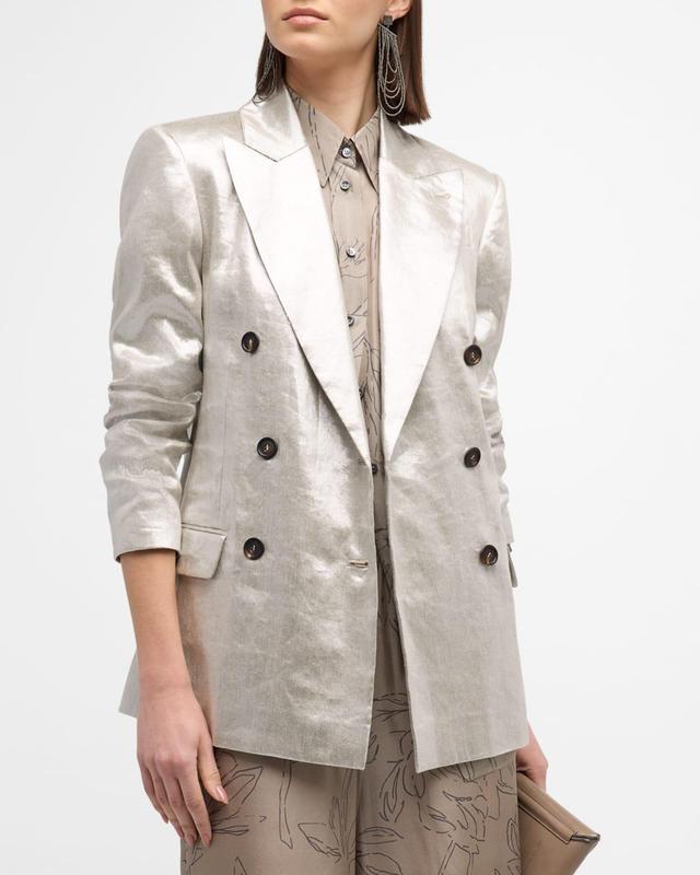 Metallic Linen Double-Breasted Blazer Jacket Product Image