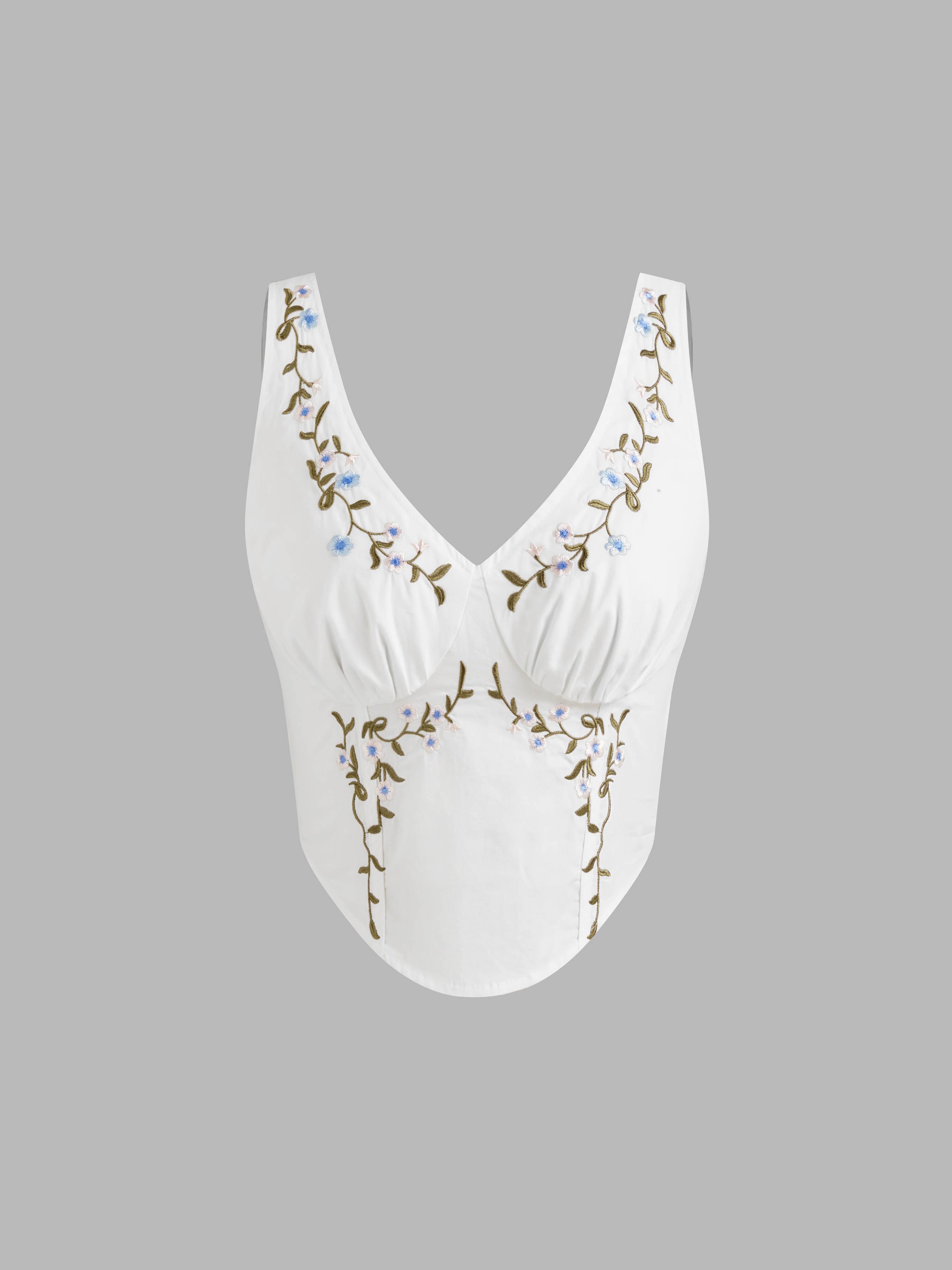 100% Cotton V-neck Floral Embroidered Crop Tank Top Product Image