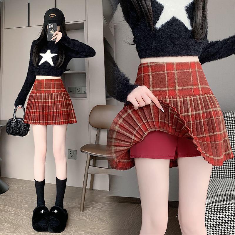 High Waist Plaid Pleated Mini A-Line Skirt Product Image