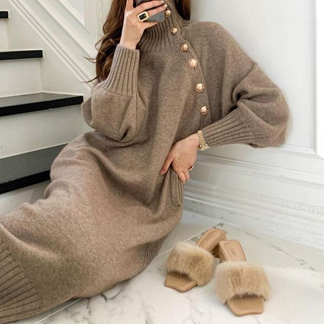 Long Sleeve Collared Plain Midi Sweater Dress Product Image