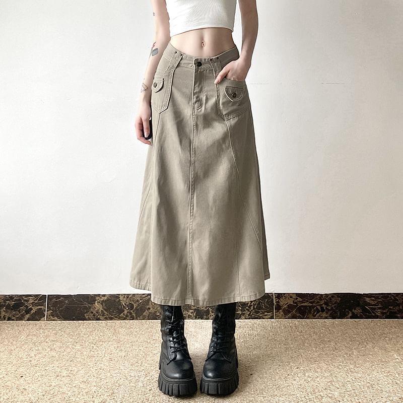 Mid Rise Plain Midi A-Line Cargo Skirt Product Image