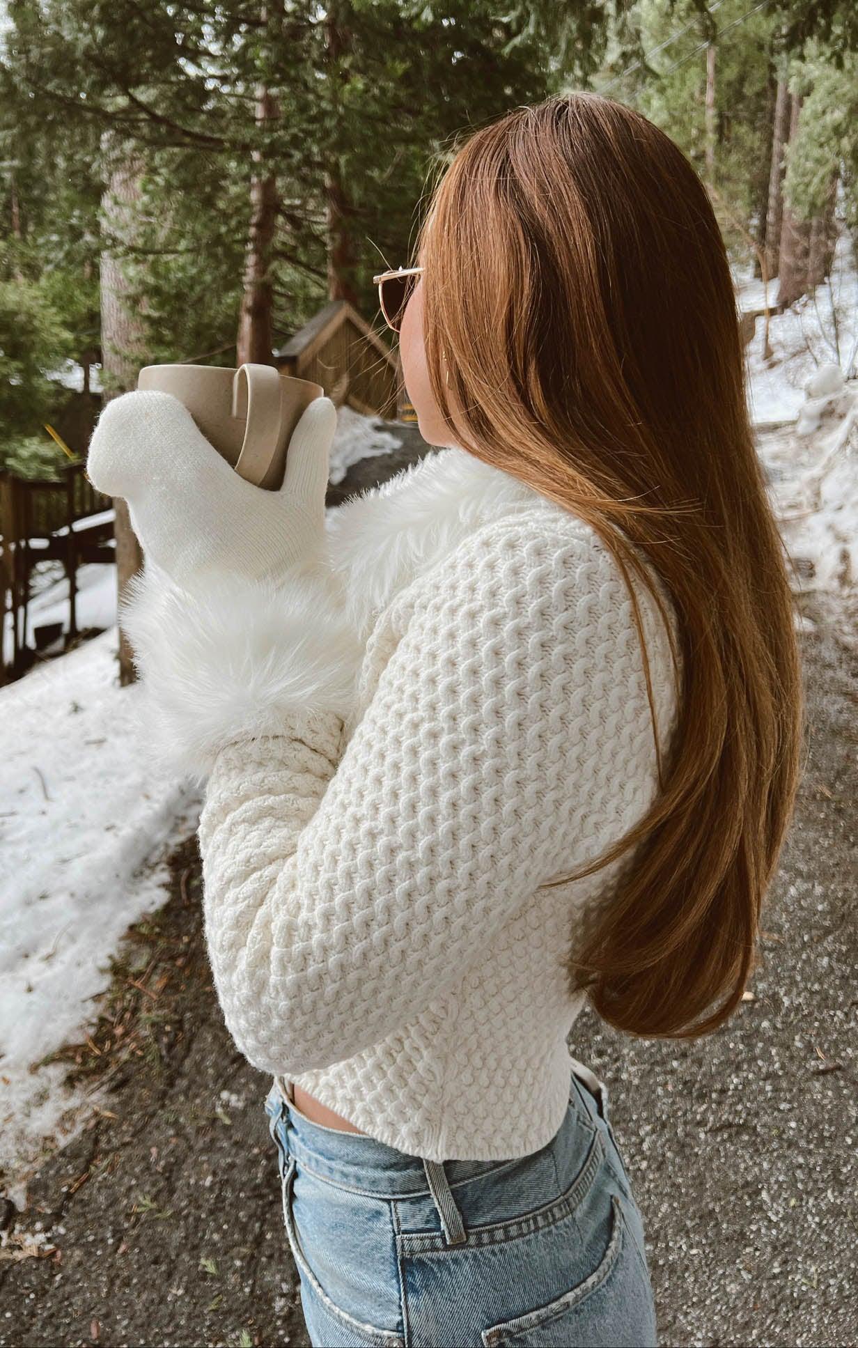 Zermatt Zip Up ~ White Pebble Knit with Faux Fur Product Image