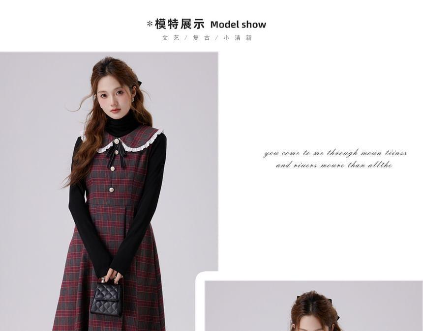 Sleeveless Peter Pan Collar Plaid Bow Accent Lace Trim Midi A-Line Dungaree Dress Product Image