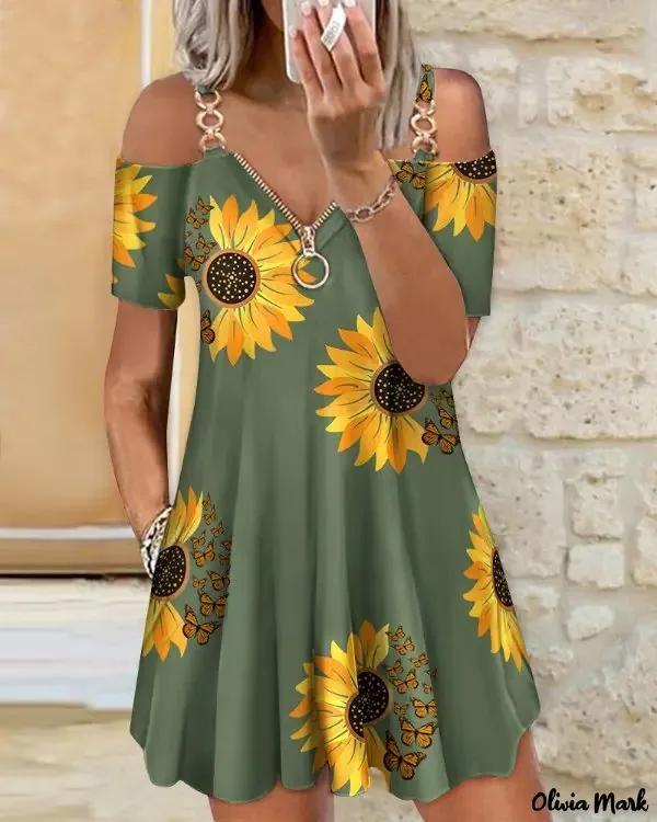 Olivia Mark – Sunflower Butterfly Print Off-the-Shoulder Swing Dress Product Image