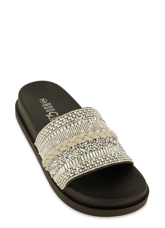 Womens Studded Rhinestone Band Slide Sandals Product Image