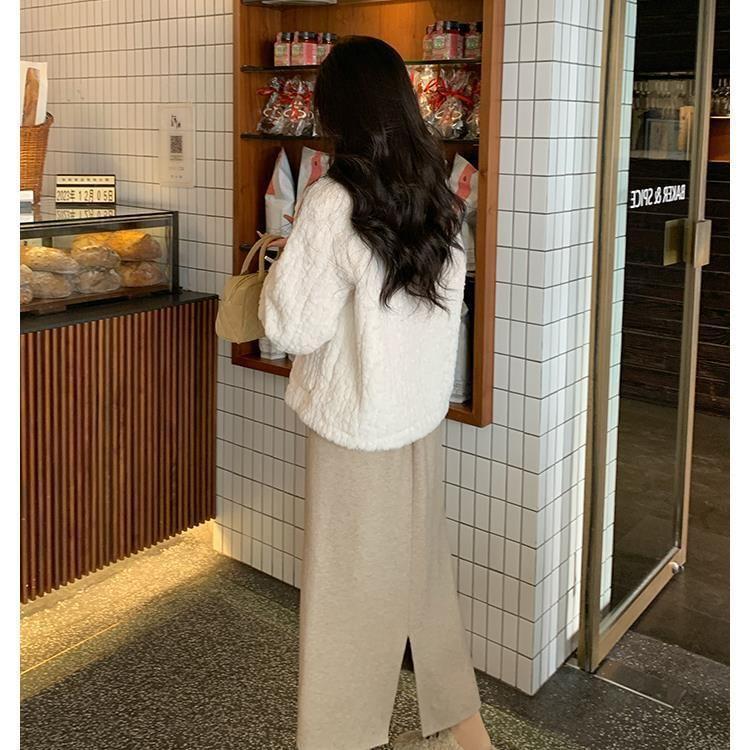 V-Neck Double Breasted Tweed Jacket / High Rise Plain Maxi Skirt Product Image