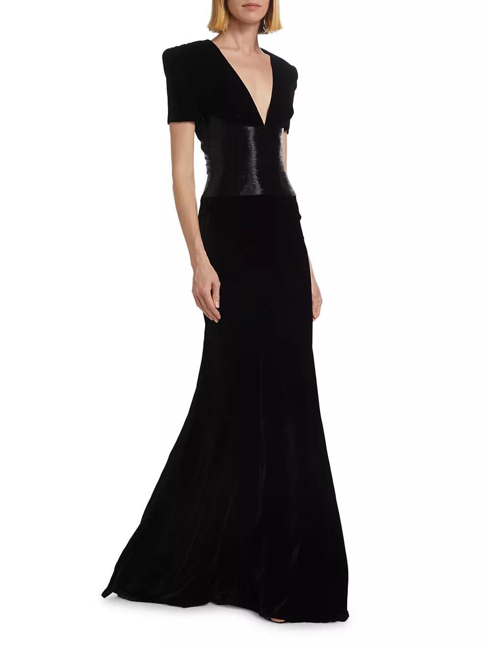 Velvet Sequined Waist A-Line Gown Product Image