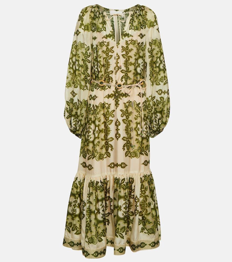 ZIMMERMANN Raie Tiered Silk Midi Dress In Green Product Image