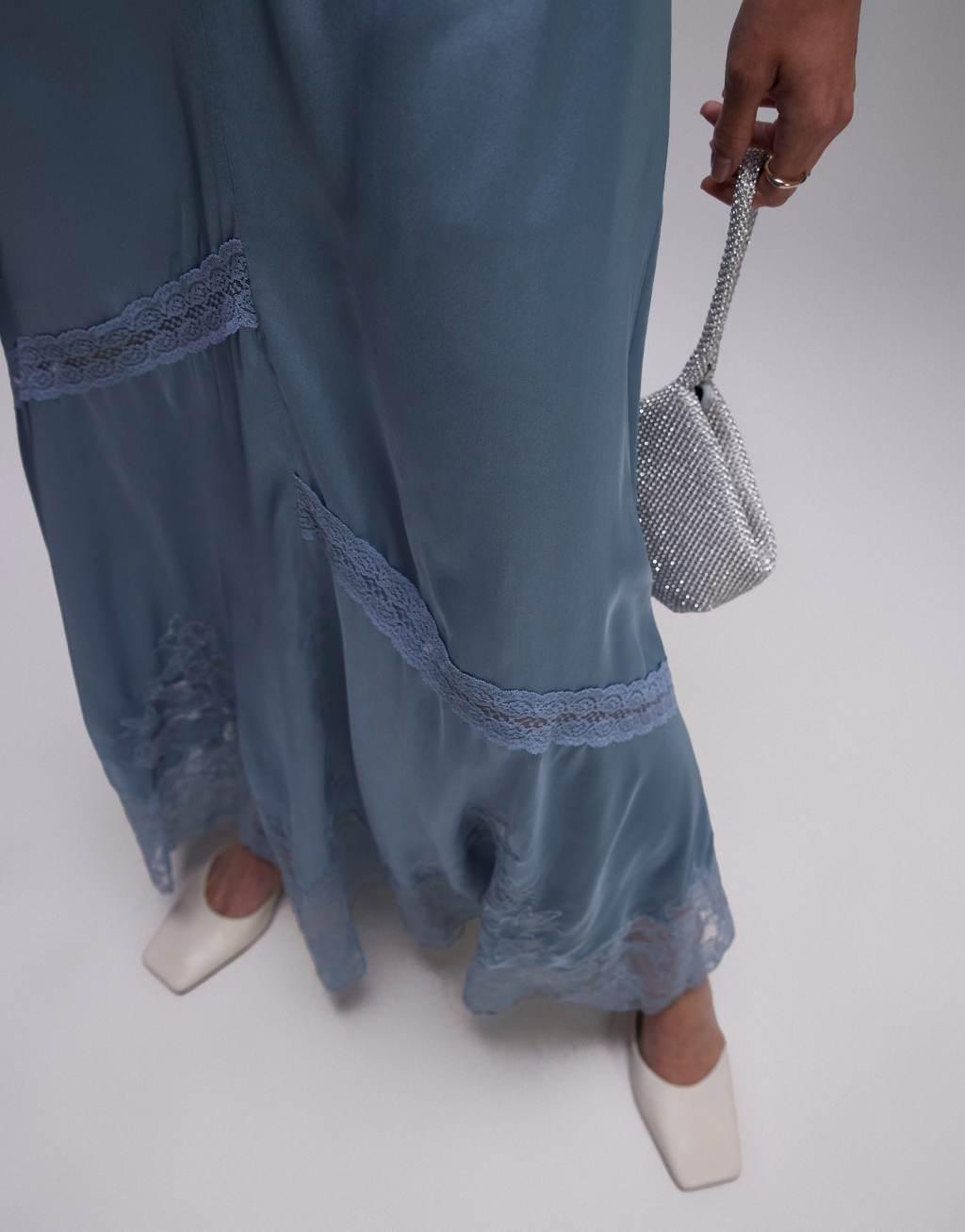 Topshop maxi dress with lace insert in pale blue Product Image