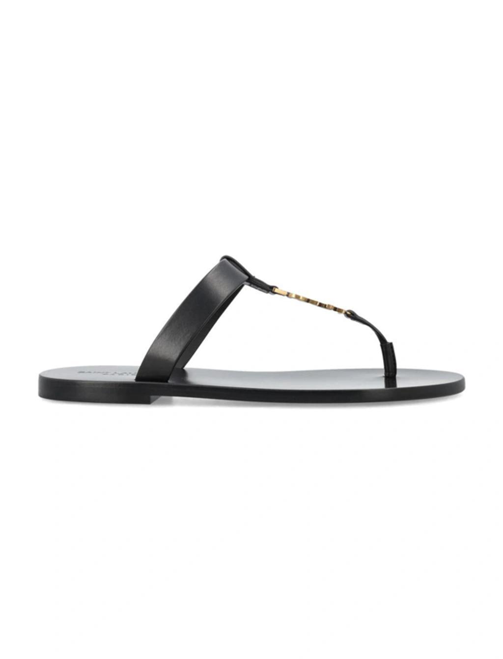 SAINT LAURENT Cassandre Logo-plaque Leather Sandals In Black Product Image