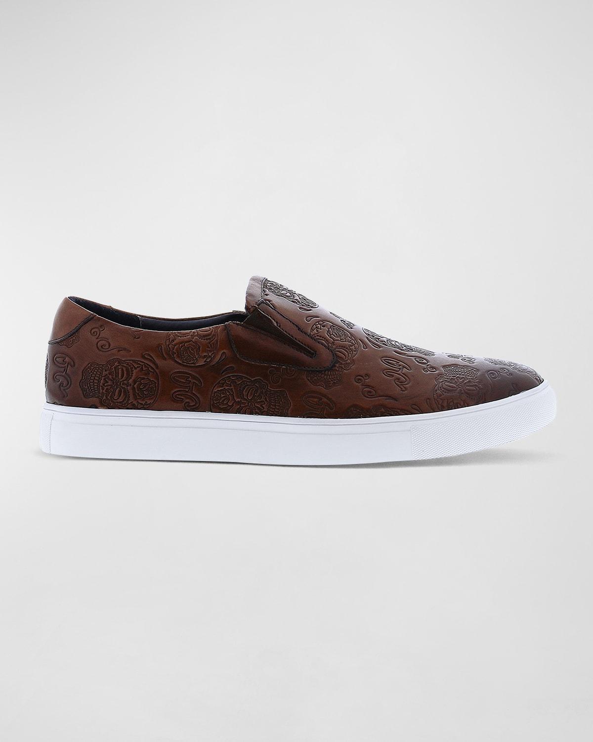 Mens Debossed Skull Leather Slip-On Sneakers Product Image