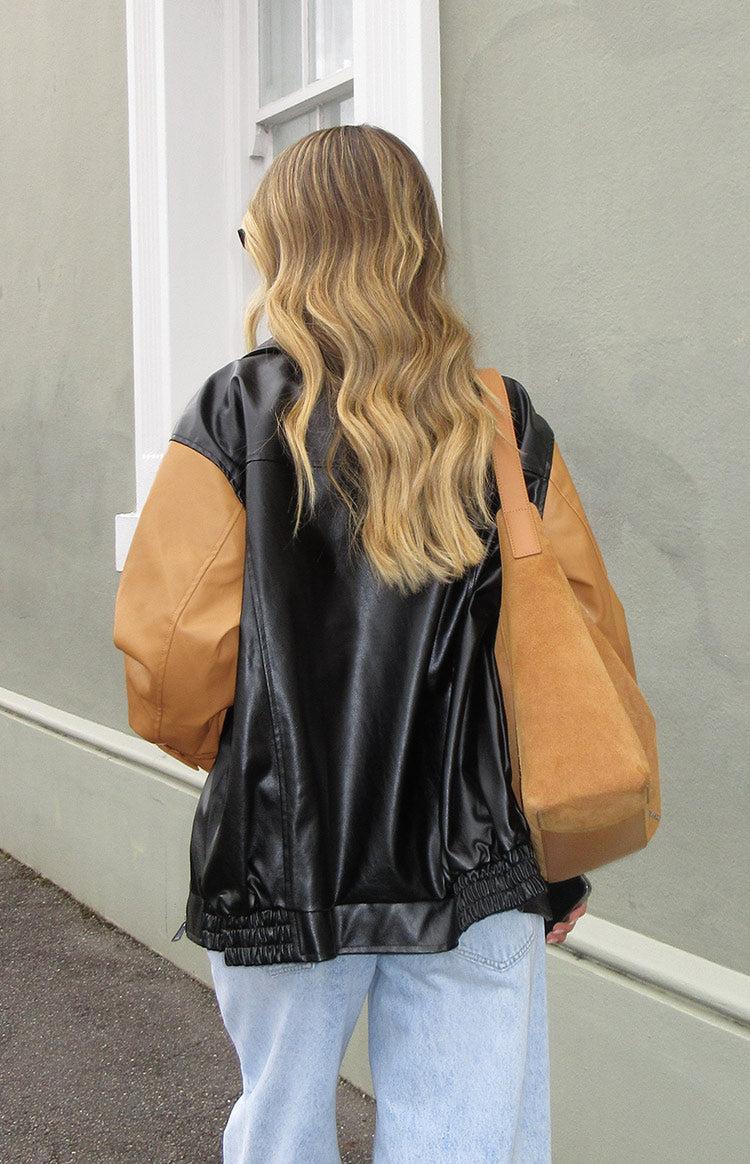 Abbi PU Black And Brown Contrast Bomber Jacket Product Image