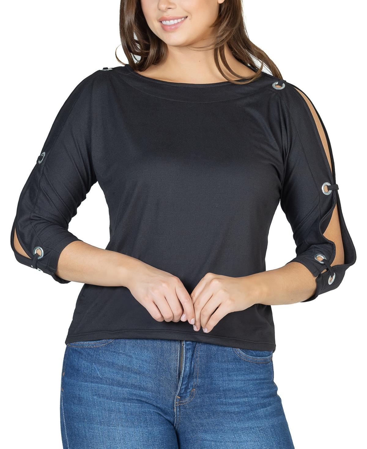 24seven Comfort Apparel Womens Three Quarter Cold Shoulder Grommet Top Product Image