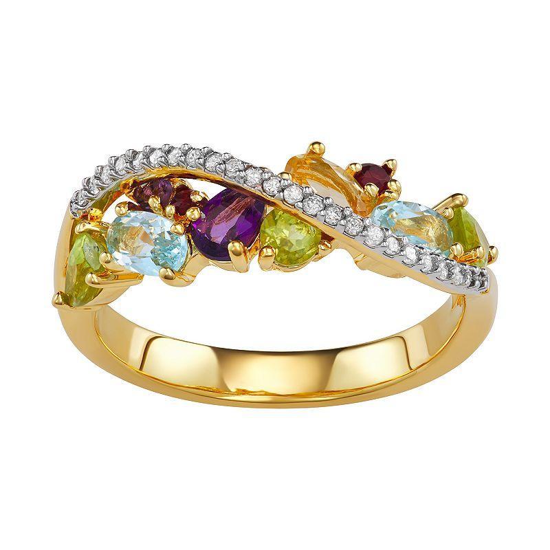 18K Gold Over Sterling Silver Gemstone & 1/10 Carat T.W. Diamond Ring, Womens Gold Tone Product Image