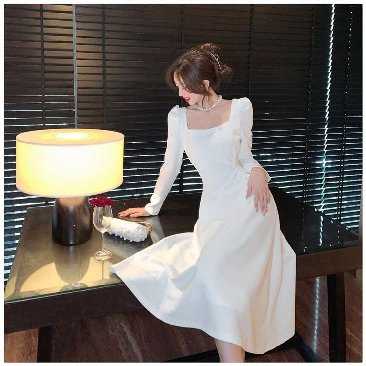 Long Sleeve Square Neck Plain Midi Dress Product Image