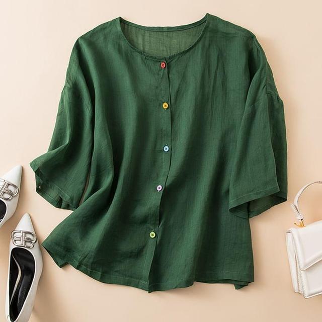 Short-Sleeve Plain Button-Up Blouse Product Image