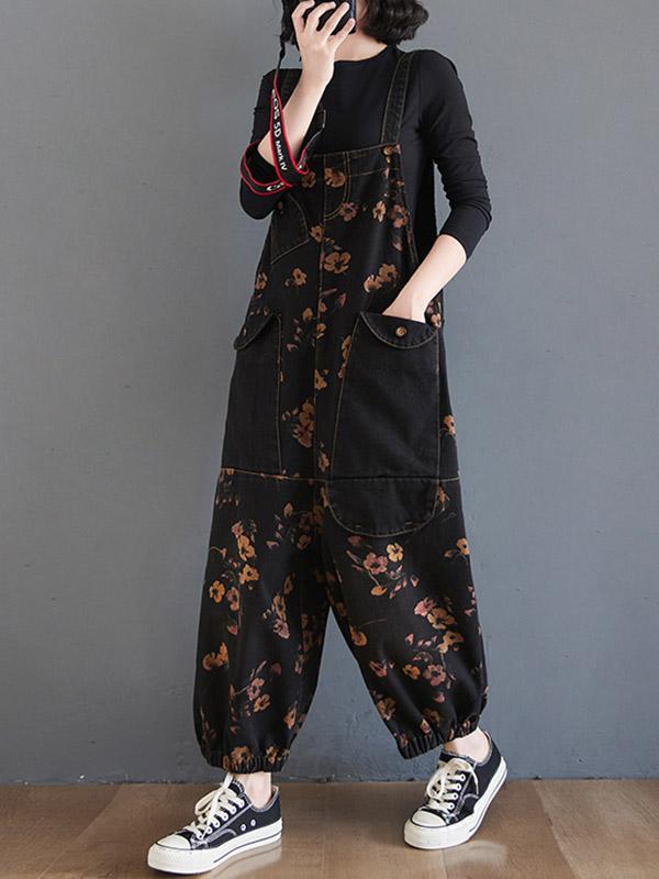 Original Floral With Pocket Harem Denim Overalls Product Image