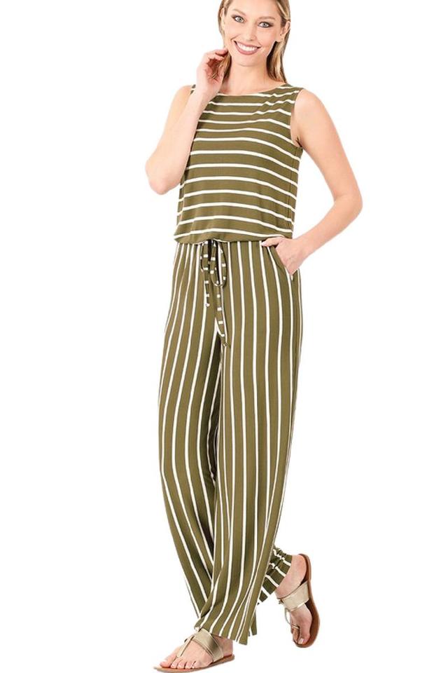 Dusty Olive and Ivory Striped Jumpsuit Product Image