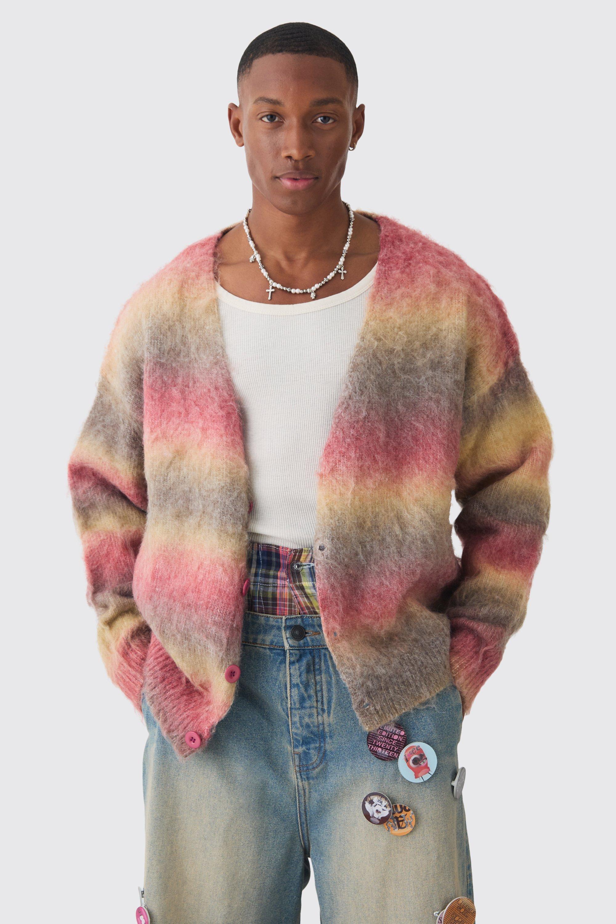 Oversized Boxy Brushed Stripe Knitted Cardigan | boohooMAN USA Product Image