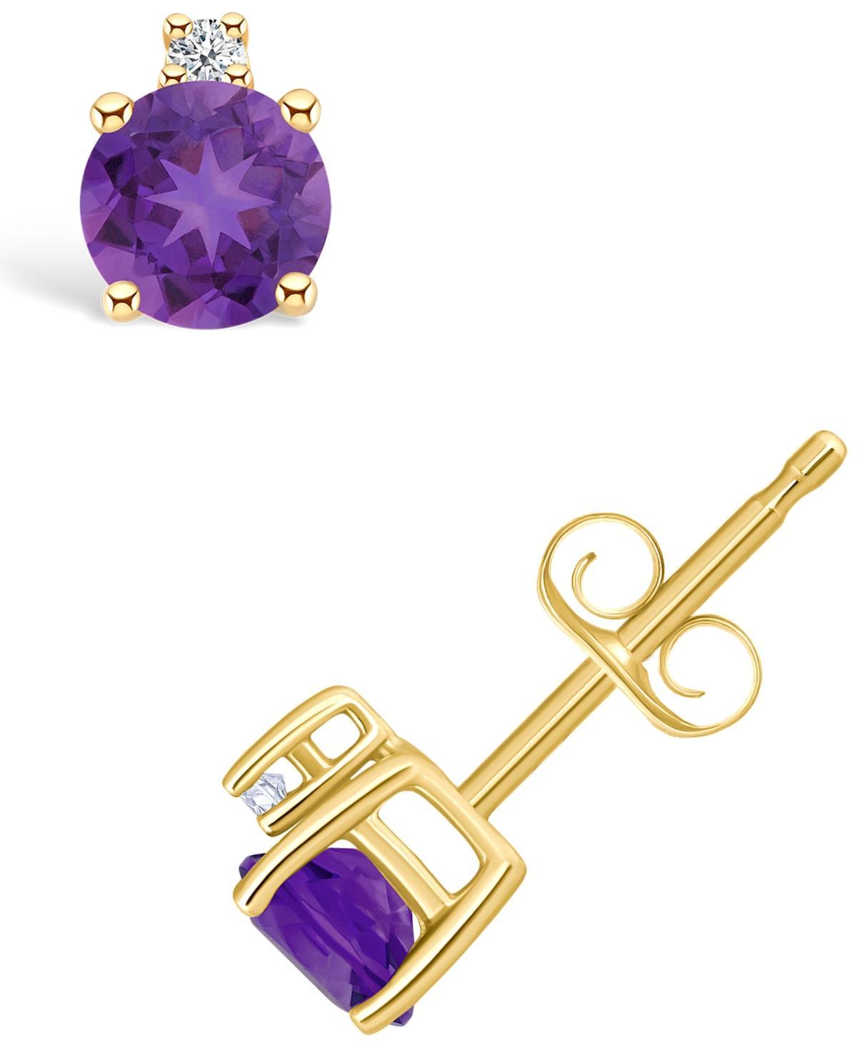 14k Gold 4 mm Round Birthstone & 1/10 Carat T.W. Diamond Stud Earrings, Womens, Purple Feb Product Image