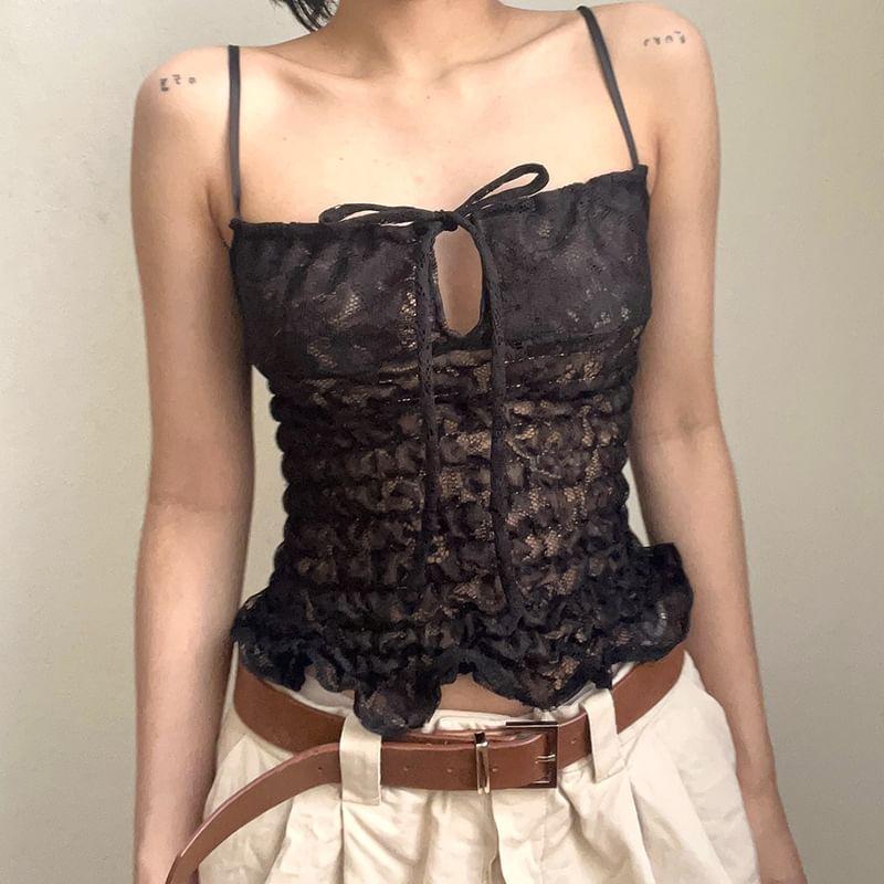 Floral Lace Ruffle Trim Keyhole Cami Top Product Image