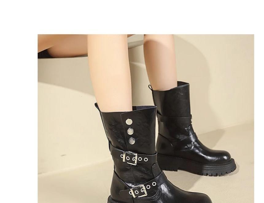 Platform Plain Buckled Mid Calf Boots Product Image