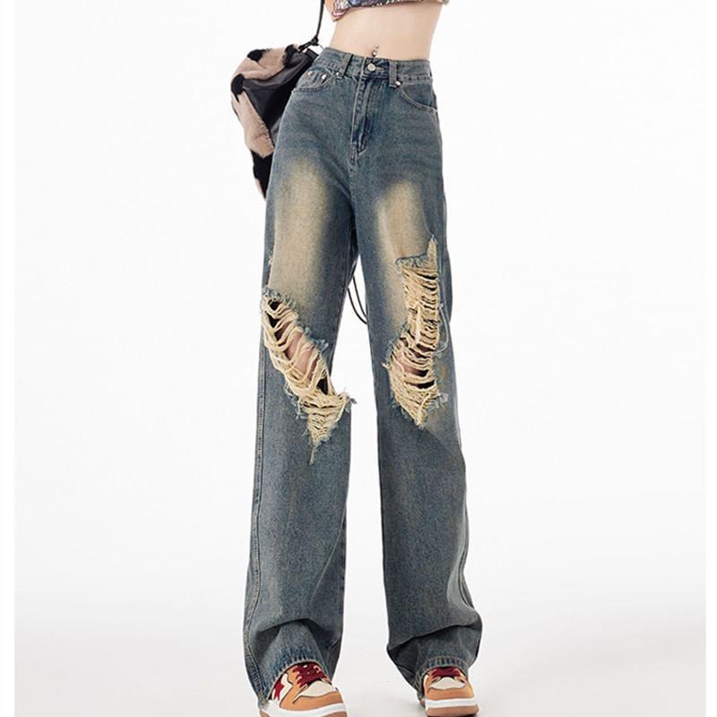 High Waist Washed Distressed Straight-Fit Wide-Leg Jeans Product Image