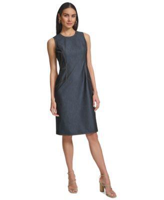 Calvin Klein Womens Crewneck Sleeveless Denim Sheath Dress Product Image