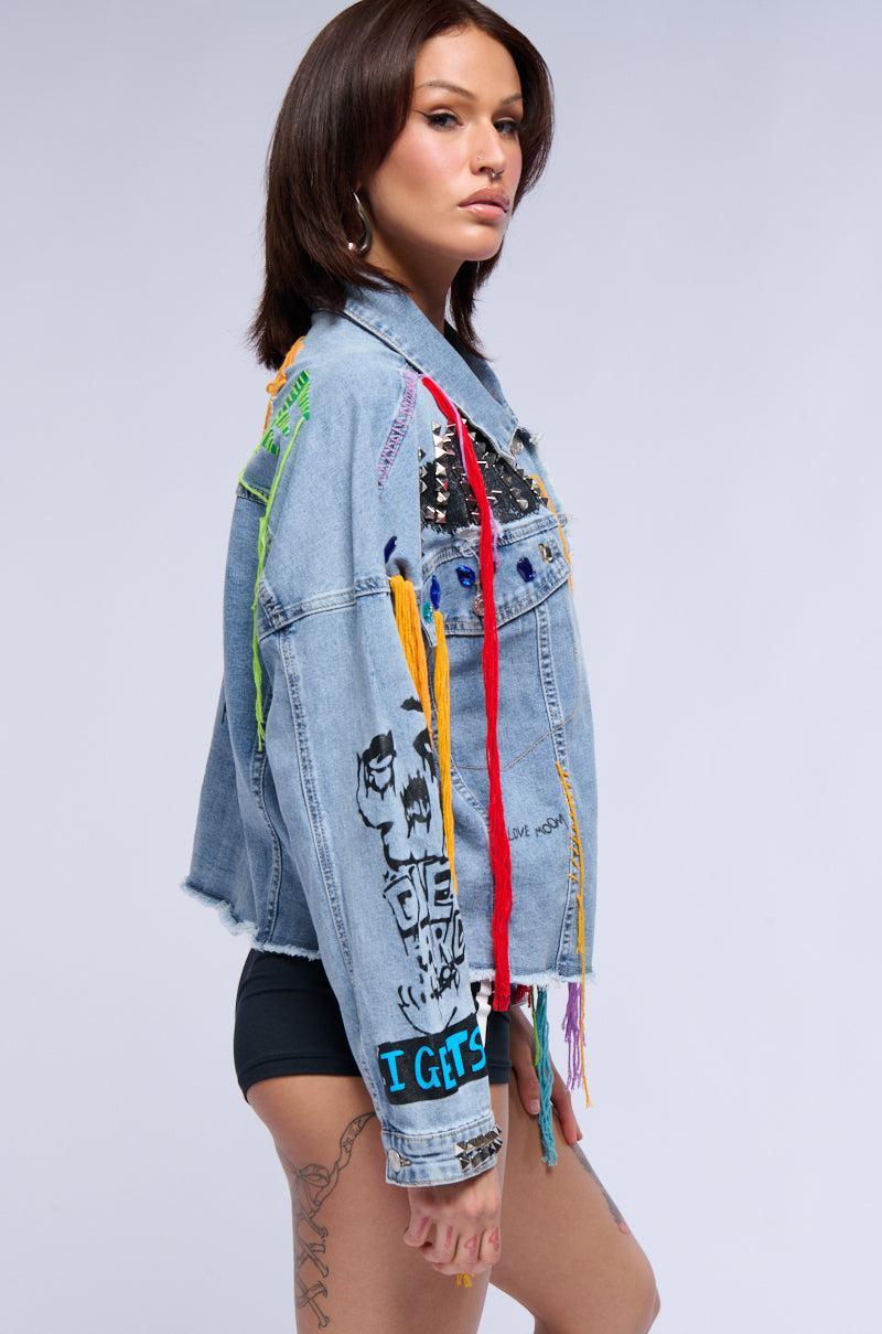 LOST IN THE CITY STUDDED YARN APPLIQUE DENIM JACKET Product Image