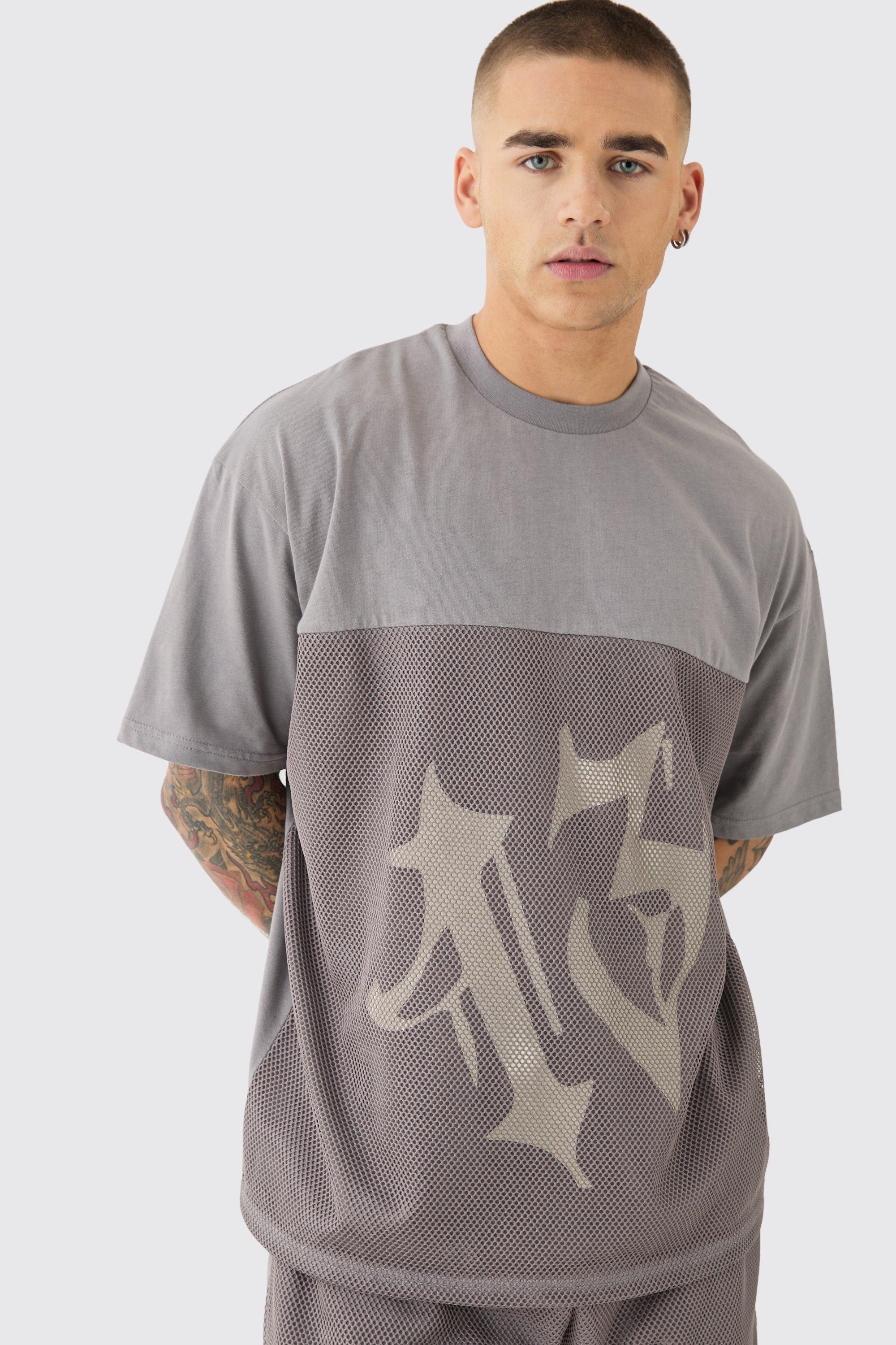 Mens Grey Oversized Mesh 13 T-shirt, Grey Product Image