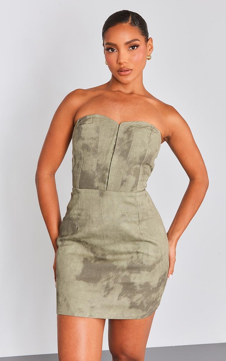 Khaki Acid Wash Twill Binded Bandeau Bodycon Dress Product Image