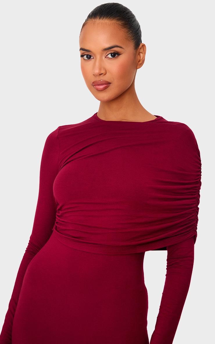 Burgundy Ruched Overlay Long Sleeve Maxi Dress Product Image